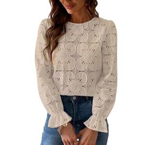 Cupshe Women's Eyelet Long Sleeve Blouse Hollow Out Crochet Lace Embroidered